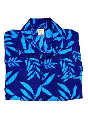 RIMA VIBRANT BLUE HAWAIIAN FLORAL/LEAF CASUAL BUTTON DOWN SHORT SLEEVE SHIRT
